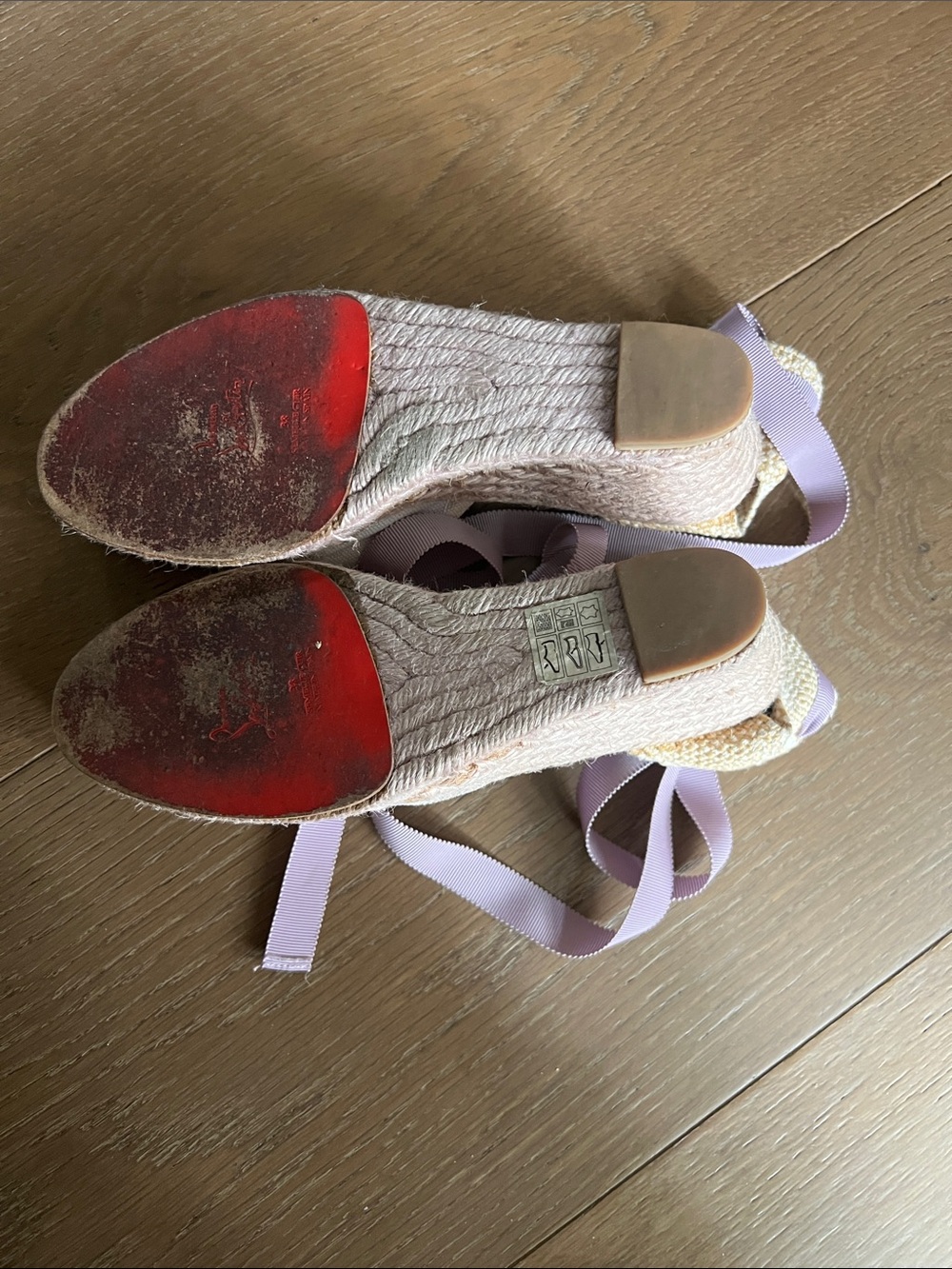 Christian Louboutin Beige Espadrille Wedges with Lavender Ankle Ribbons - Picture 3 of 4